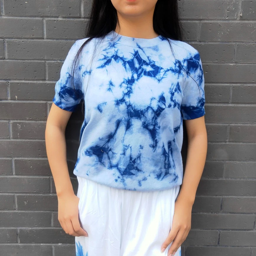 马蓝花开新款手工植物染扎染碎花短袖复古百搭蓝白短袖针织上衣