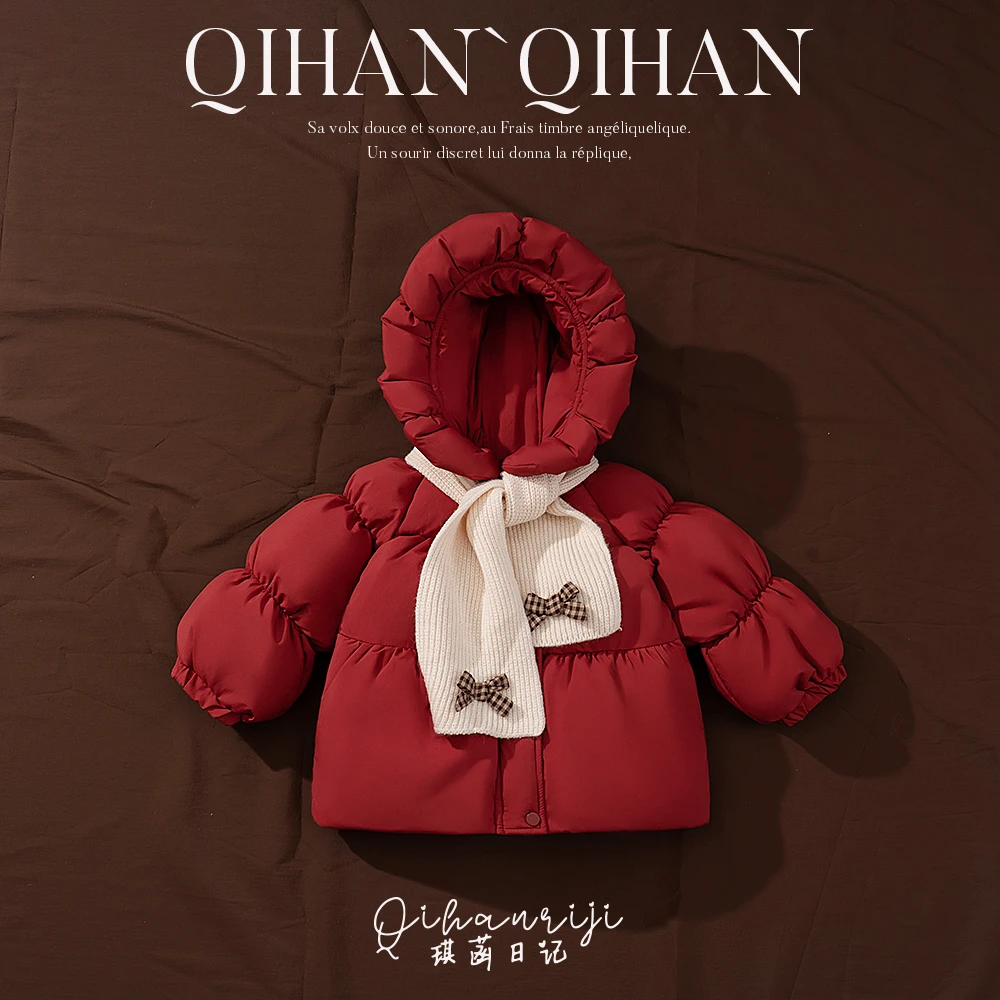 【QH设计师款】白鸭绒羽绒服女宝红色小童羽绒服连帽加厚保暖洋气