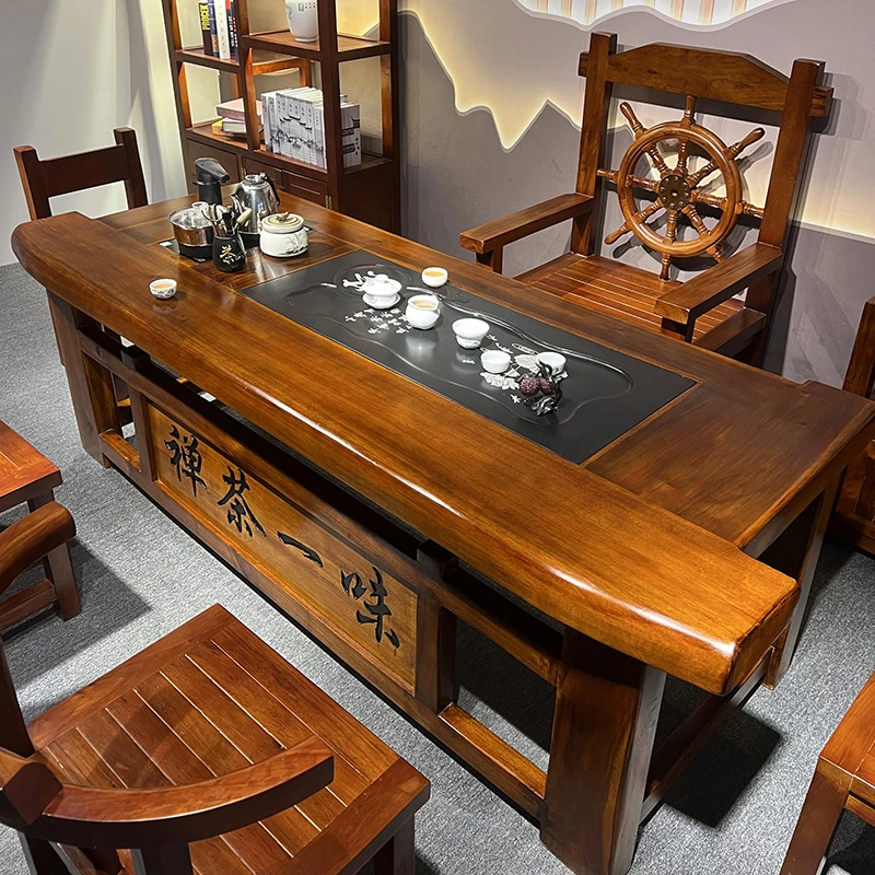 实木茶桌椅组合中式办公室禅意茶台一体客厅家用老船木泡茶几整套