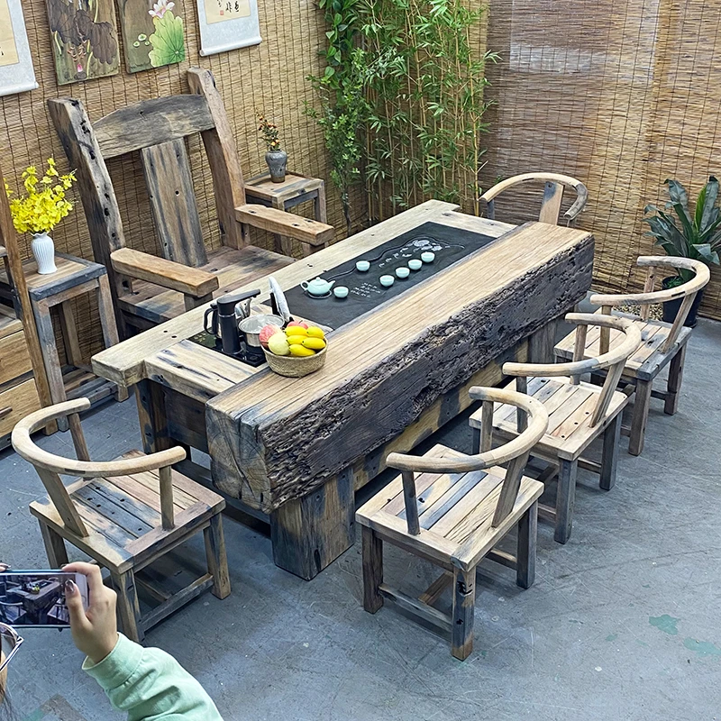 老船木户外茶桌原木无漆风化木家具实木茶几侘寂风茶室名宿泡茶台