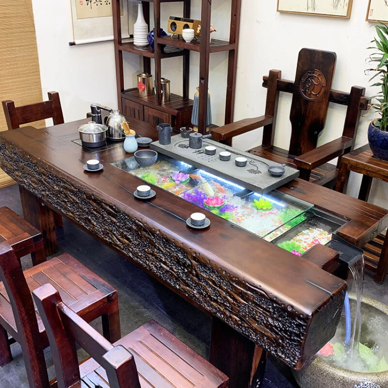 老船木茶桌椅组合循环流水养鱼茶台中式实木功夫泡茶桌鱼缸茶几