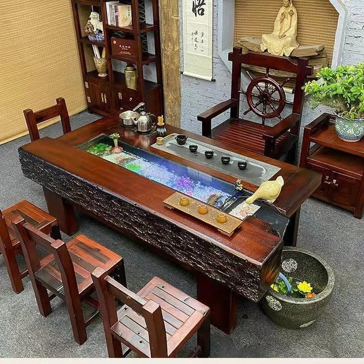 老船木流水茶桌养鱼茶台新中式茶几实木功夫景观简约泡茶桌椅组合