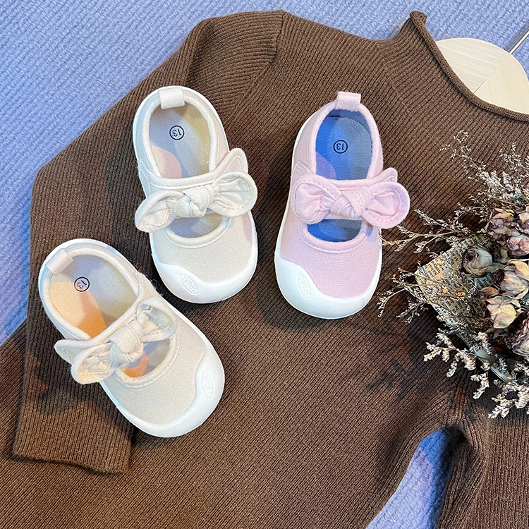 大YoYo【奶茶可爱粉】蝴蝶结纯色宝宝鞋子春秋季软底女童学步鞋