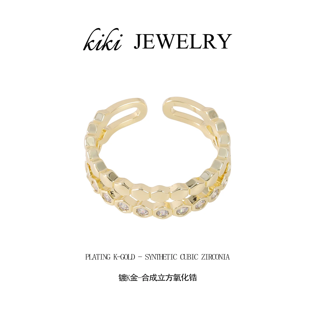 铜合金合成锆石戒指 时尚百搭蜂巢双层戒指（可调节） R0110