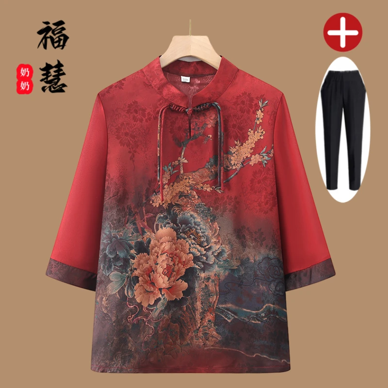 老人老太中国风奶奶装中老年妈妈装春秋老年人喜妈妈衬衫夏季红色