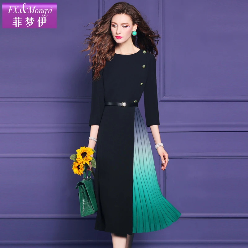 菲梦伊2024早秋新款高端别致时尚气质拼接百褶连衣裙58910