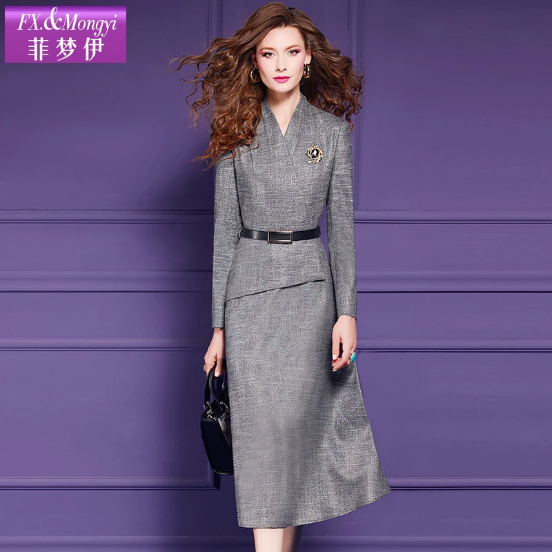 菲梦伊新款通勤气质显瘦A摆中长款长袖连衣裙59902