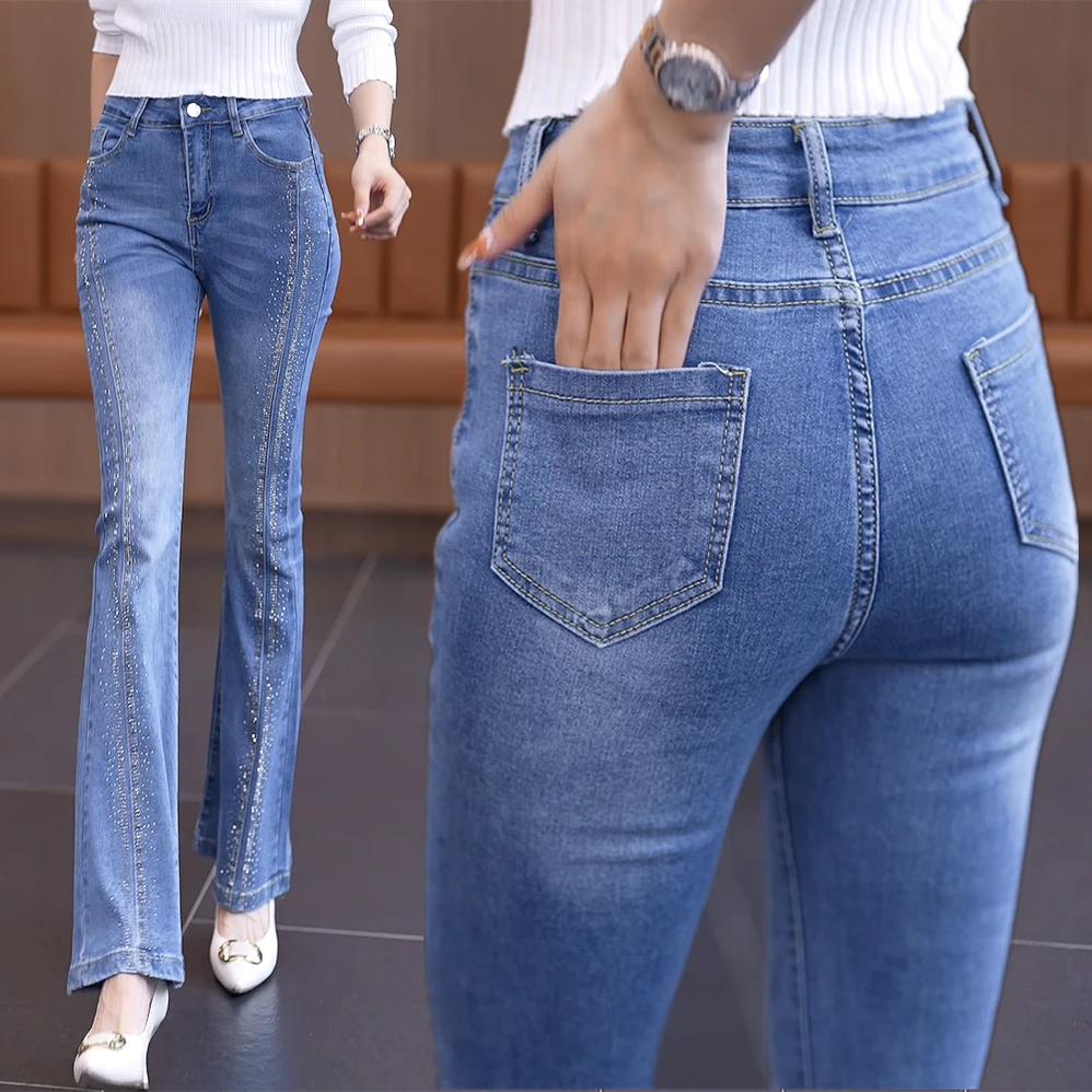 2024年春秋新款带钻牛仔裤女弹力百搭微喇裤九分修身烫钻喇叭裤