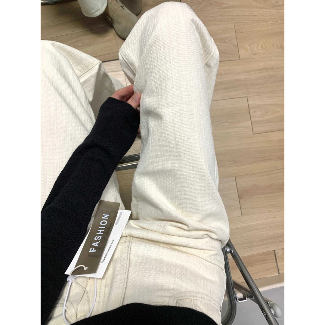 2025秋冬款浅杏色窄版直筒牛仔裤女00高腰显瘦阔腿拖地牛仔裤子