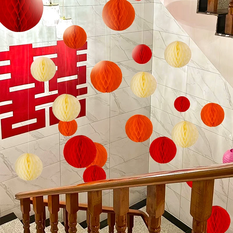 婚房布置蜂窝球结婚男方女方楼梯客厅卧室背景墙灯笼婚礼喜庆装饰