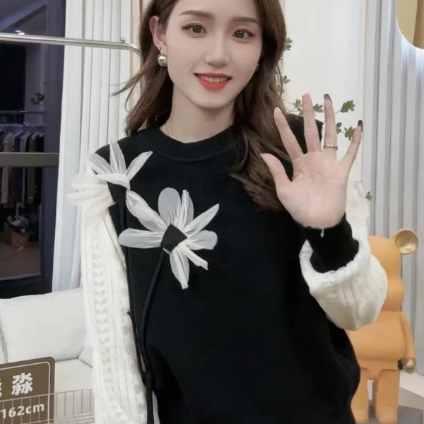 【155】新款圆领毛衣高级设计感别致花朵长袖条纹针织衫打底上衣