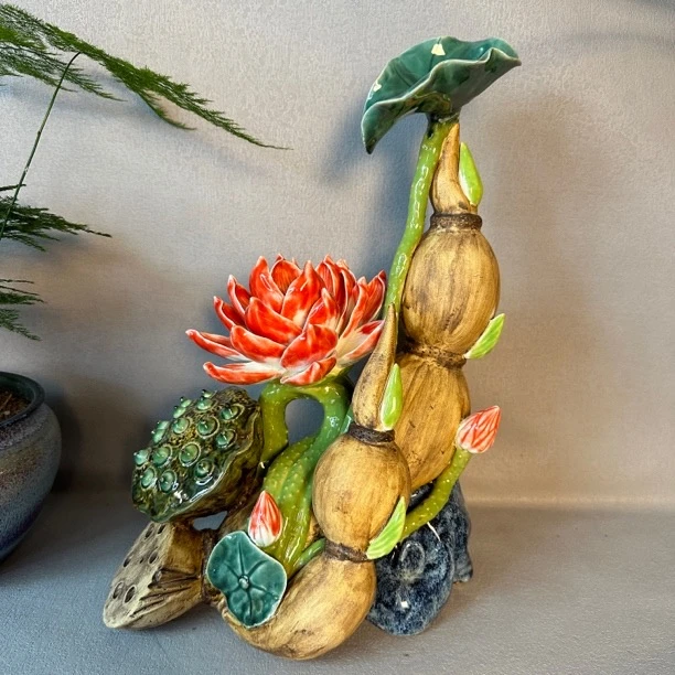 【莲藕】步步高升石湾陶瓷纯手工精美家居客厅玄关摆件25*13*36