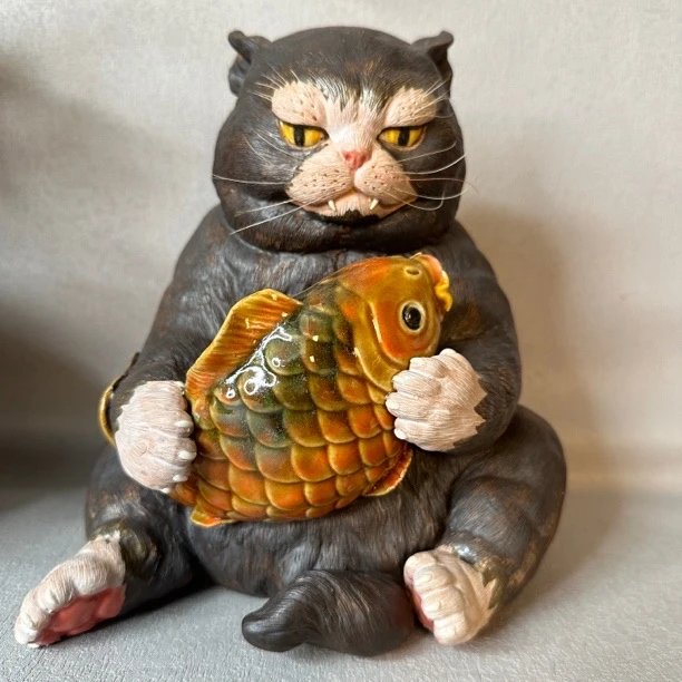 【富贵有余】石湾陶瓷手工作品富贵猫家居装饰19*18*22