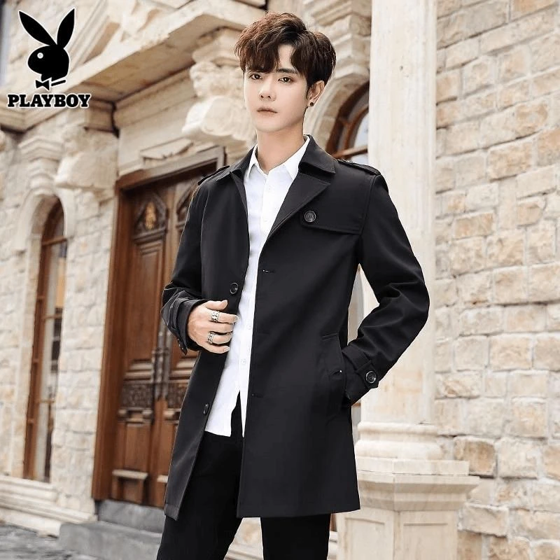 花花公子男士中长款风衣春季新款时尚外套西装领商务休闲大衣男装