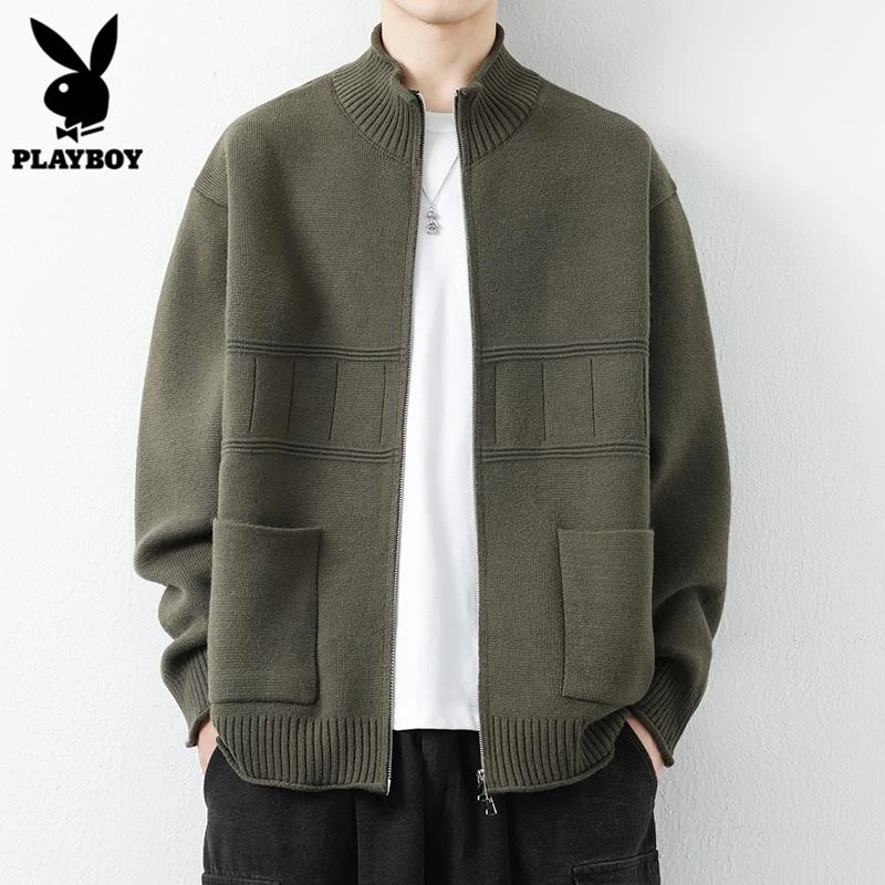 花花公子男士开衫毛衣立领百搭秋季新款时尚潮流慵懒风针织衫外套