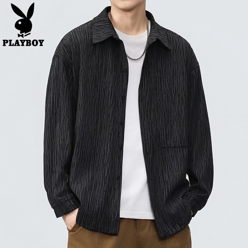 花花公子男士长袖衬衫春季新款百搭复古宽松潮流条纹休闲衬衣外套