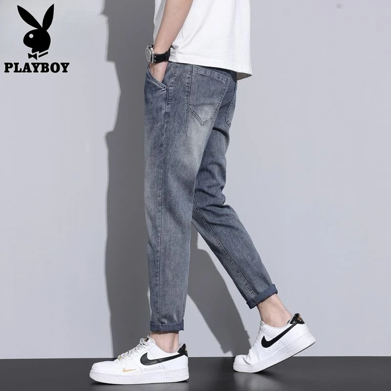 花花公子男士牛仔裤夏季新款潮流美式休闲宽松透气直筒九分裤子男