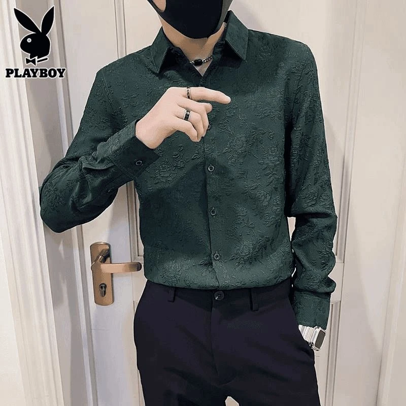 花花公子男士长袖衬衫春季新款潮流韩版休闲提花百搭修身衬衣男装
