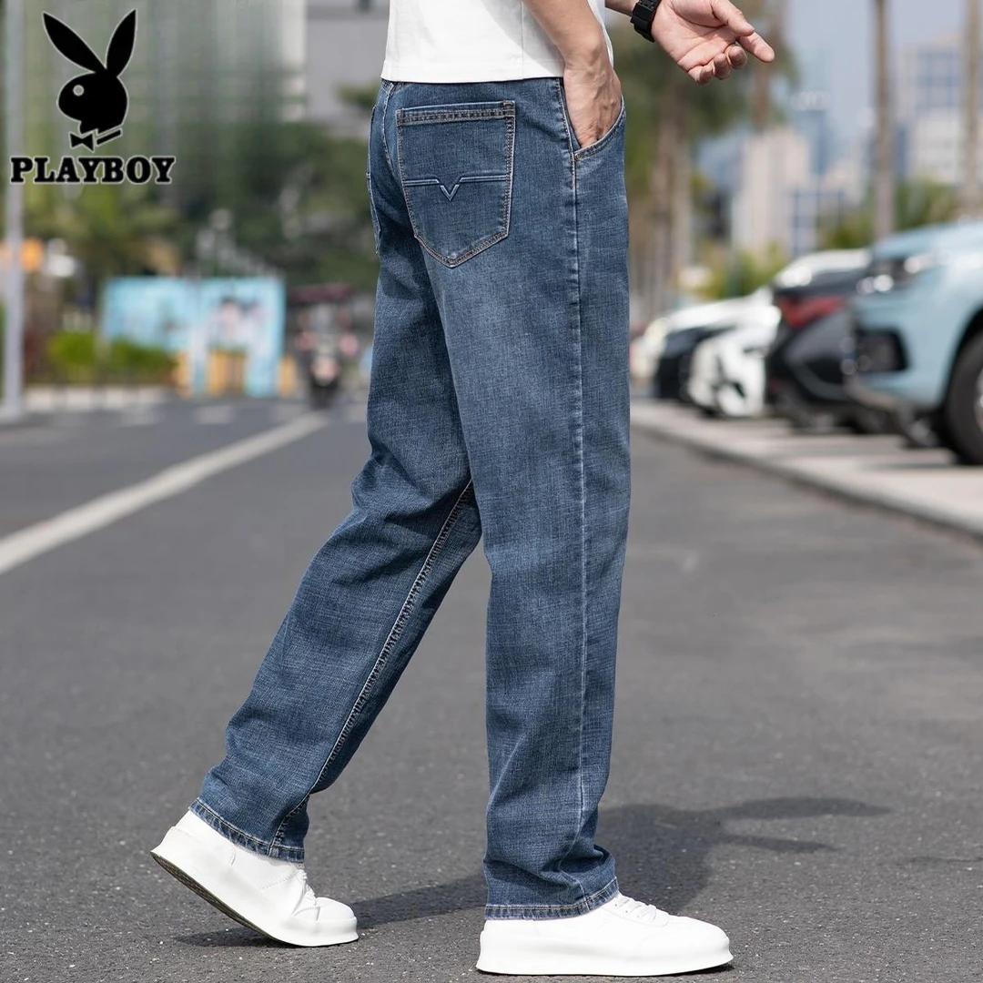 花花公子男士牛仔裤夏季新款潮流美式休闲百搭宽松透气直筒长裤子