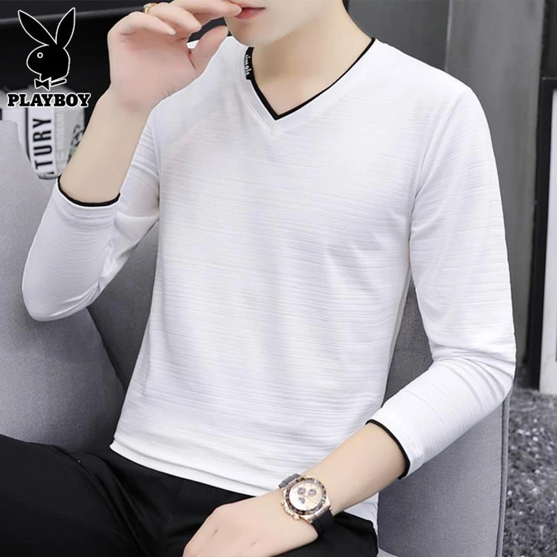 花花公子男士长袖t恤春秋新款时尚韩版修身百搭体恤休闲V领打底衫