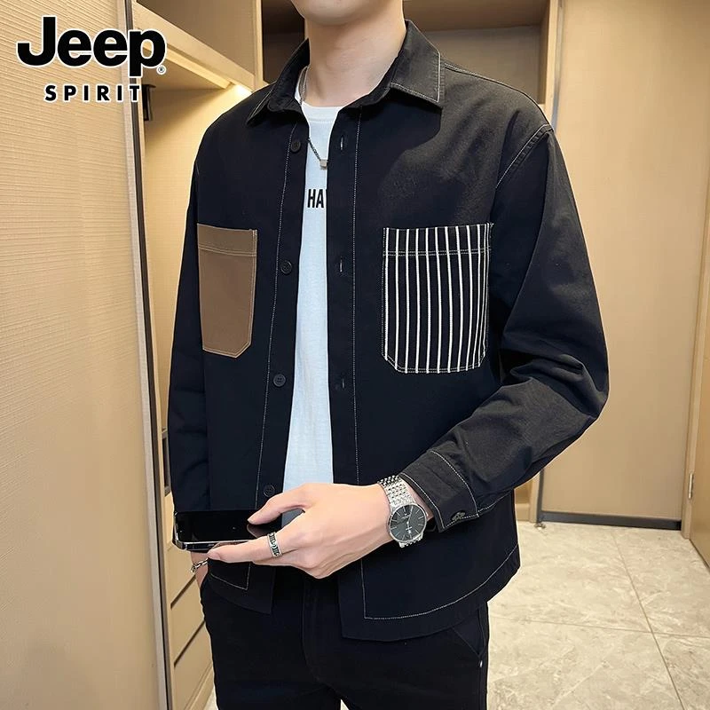 Jeep吉普夹克男士春秋季ins潮痞帅设计感拼色上衣休闲工装外套男
