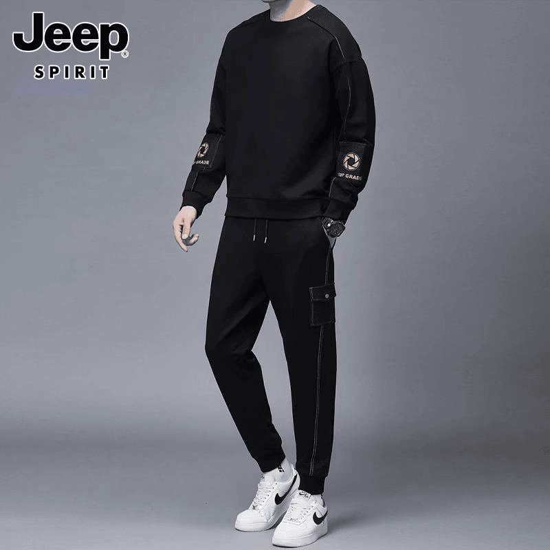 Jeep吉普休闲套装男士春秋季帅气圆领卫衣搭配大码运动裤两件套男