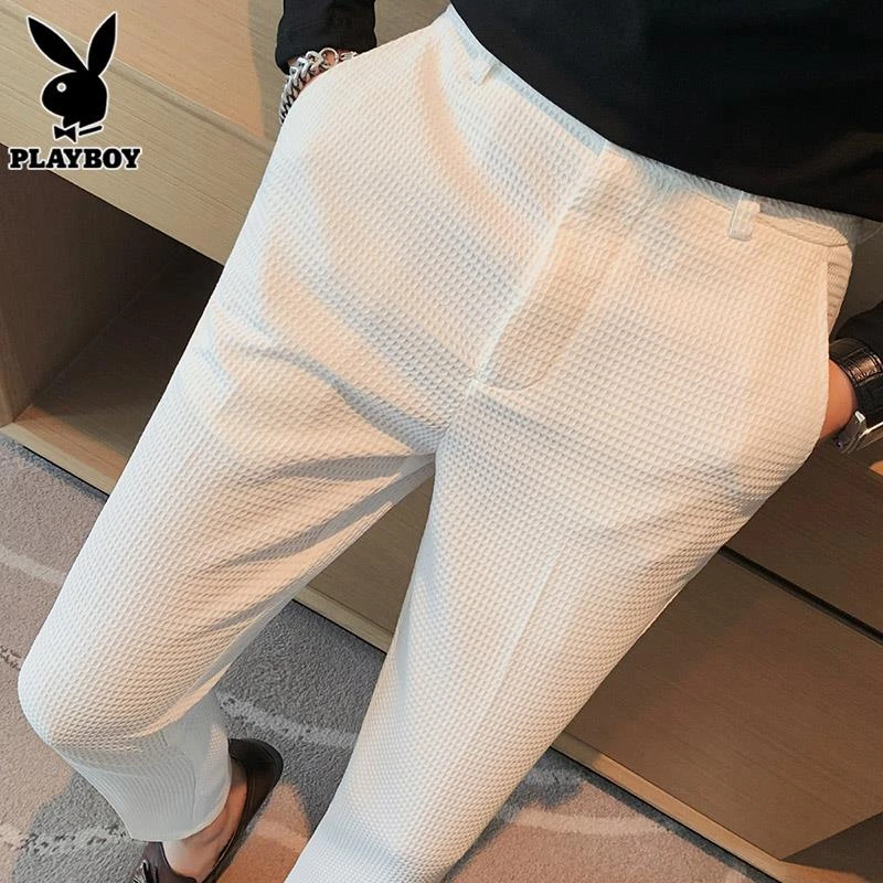 花花公子男士休闲裤春秋潮牌商务修身西裤华夫格透气直筒小脚长裤