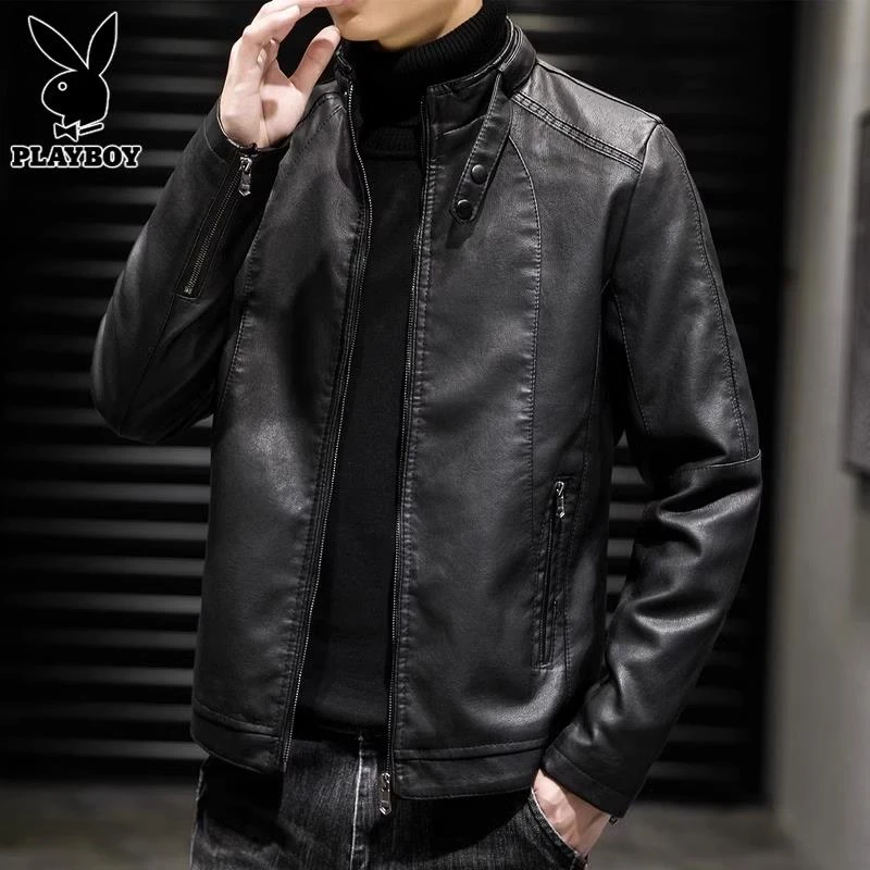 花花公子男士立领皮衣春季新款潮牌百搭休闲纯色设计感宽松外套男