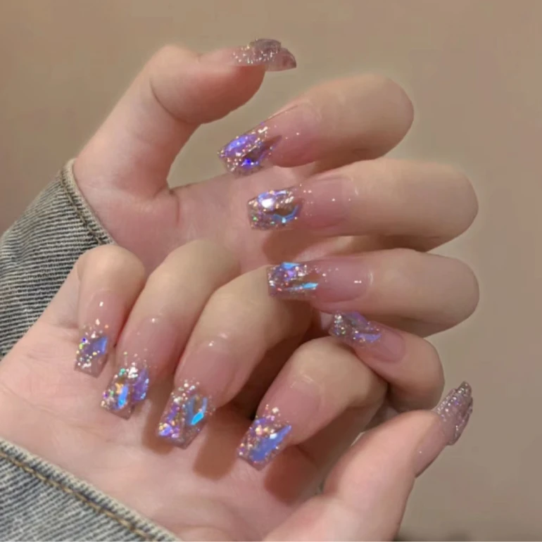 （长款）爆闪穿戴式美甲贴片镶钻显白假指甲贴片可拆卸穿戴甲极光钻