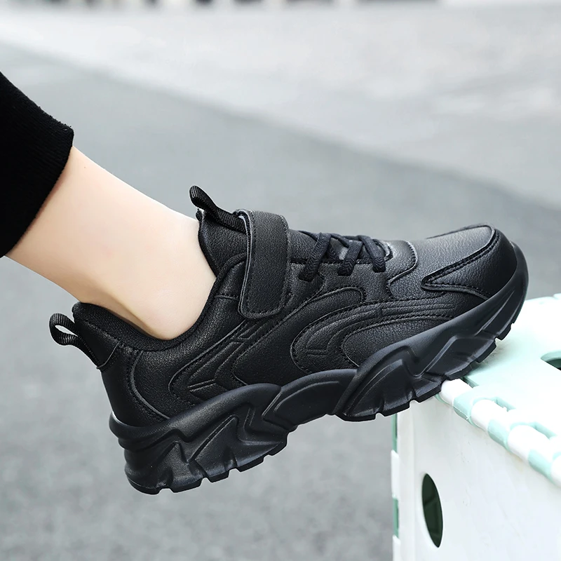 春秋款全黑色儿童运动鞋男童鞋子中大童学生跑步鞋皮面女孩小白鞋