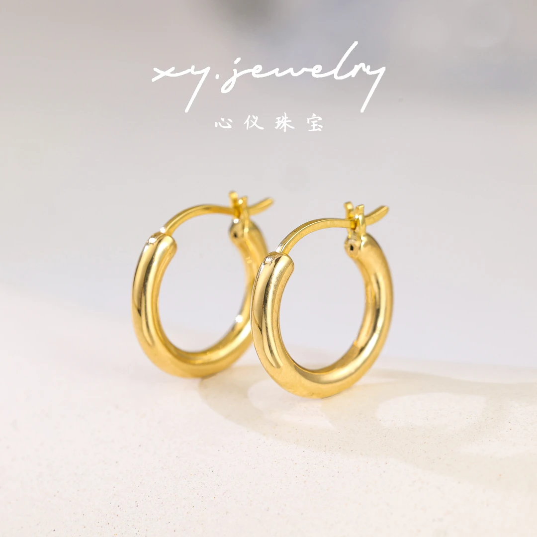 【心仪珠宝】18k金意大利光面耳圈/卡13.5MM/简约/R051/多退少补