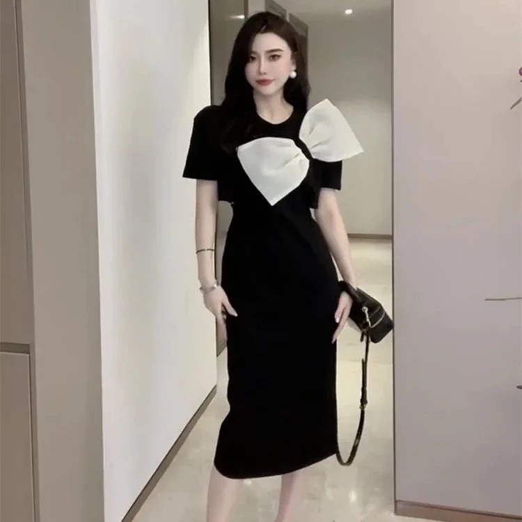 黑色泡泡袖大蝴蝶结法式连衣裙设计感小众气质名媛高端裙K4305