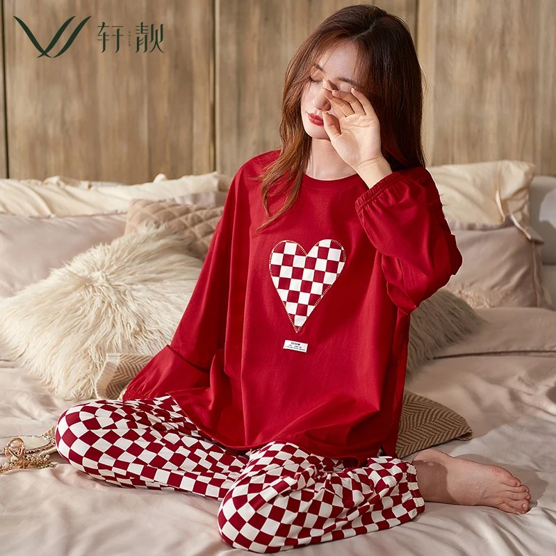 睡衣女士春秋季薄款纯棉长袖家居服红色棋盘格夏天大码可外穿套装
