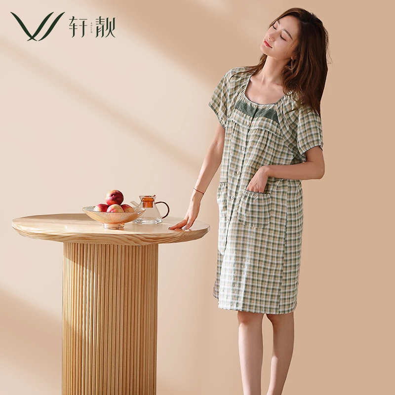 【梭织纯棉】睡裙女士夏季薄款短袖中裙夏天妈妈加大码睡衣家居服