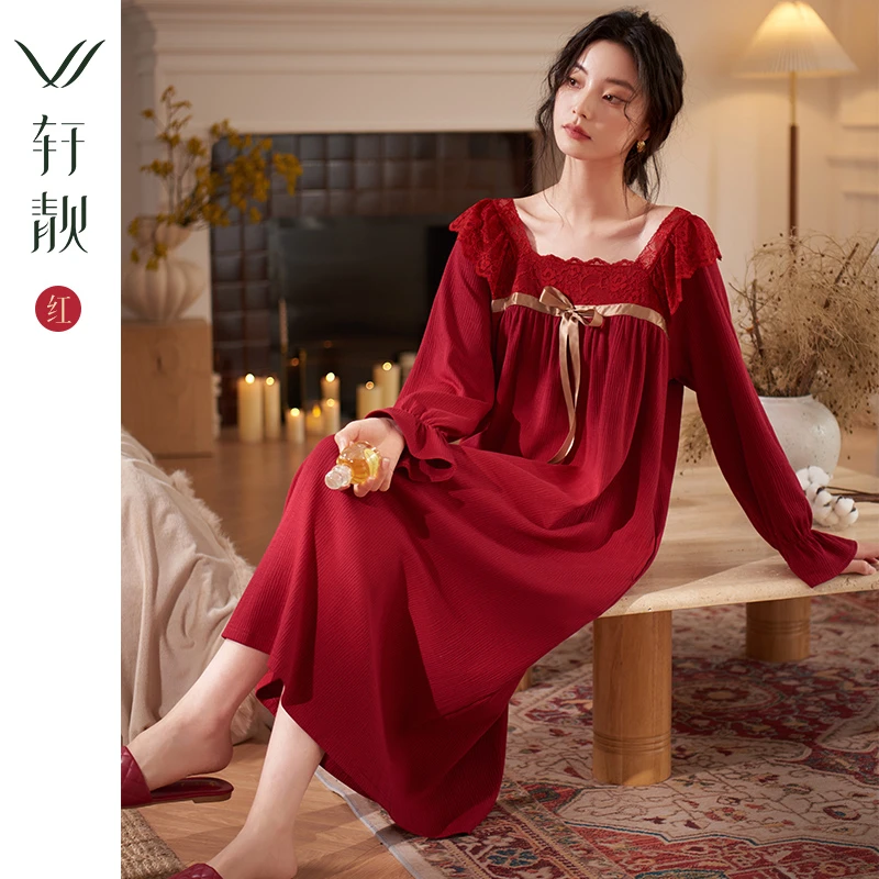【纯棉】新年礼物马年睡裙女春秋款长袖红色睡衣本命年家居服睡衣