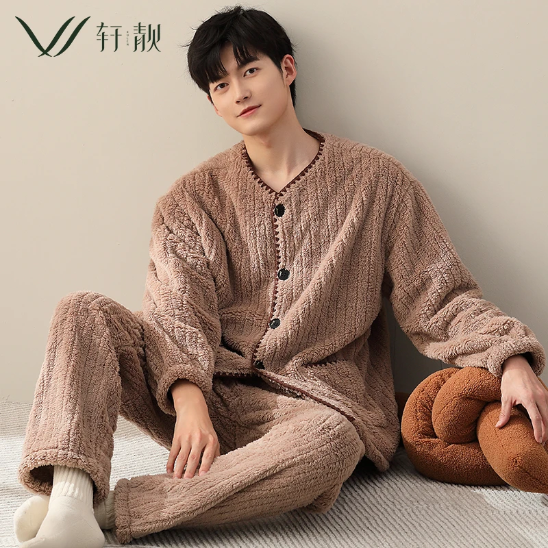 法兰绒睡衣男士秋冬季加绒加厚长袖2025新款保暖珊瑚绒家居服套装