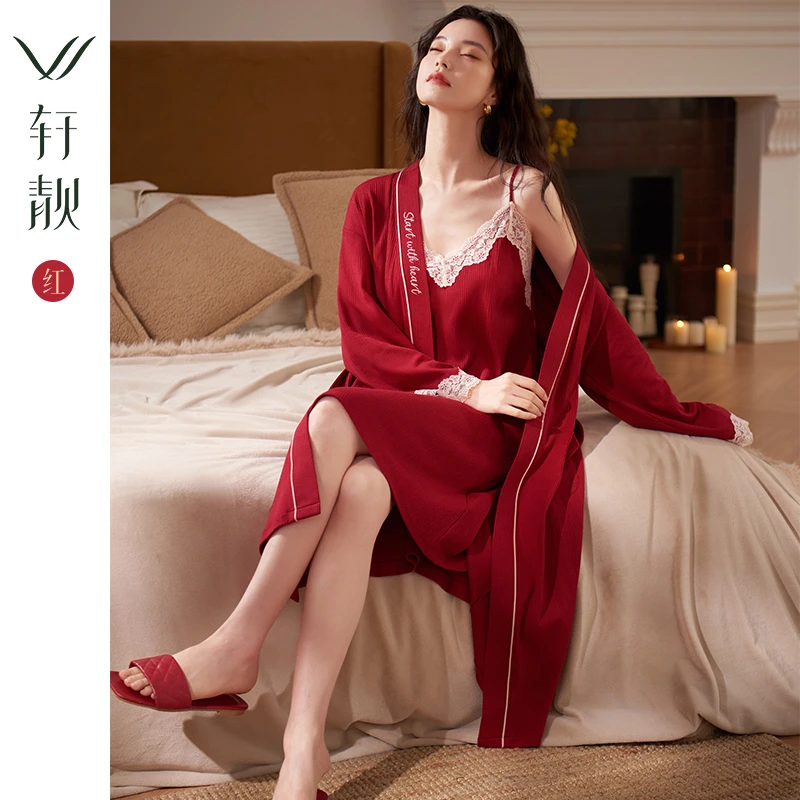 【纯棉】睡裙女春秋季吊带睡袍浴袍两件套红色结婚晨袍家居服
