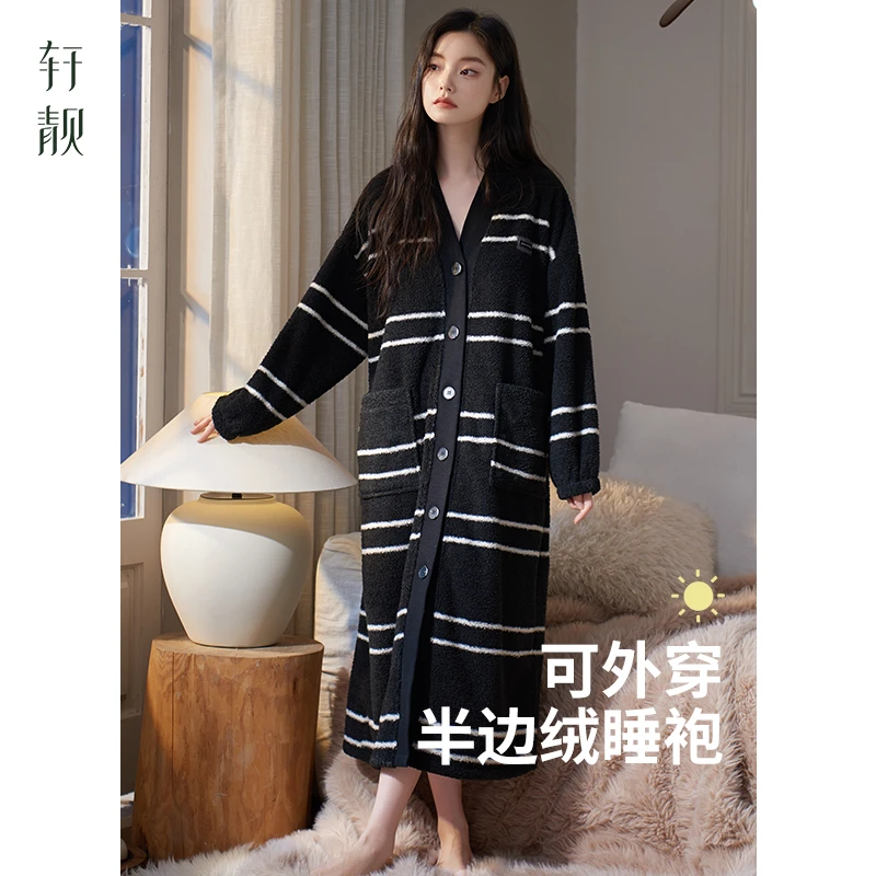 【半边绒】睡袍女冬季加绒加厚保暖珊瑚绒睡衣大码条纹浴袍家居服