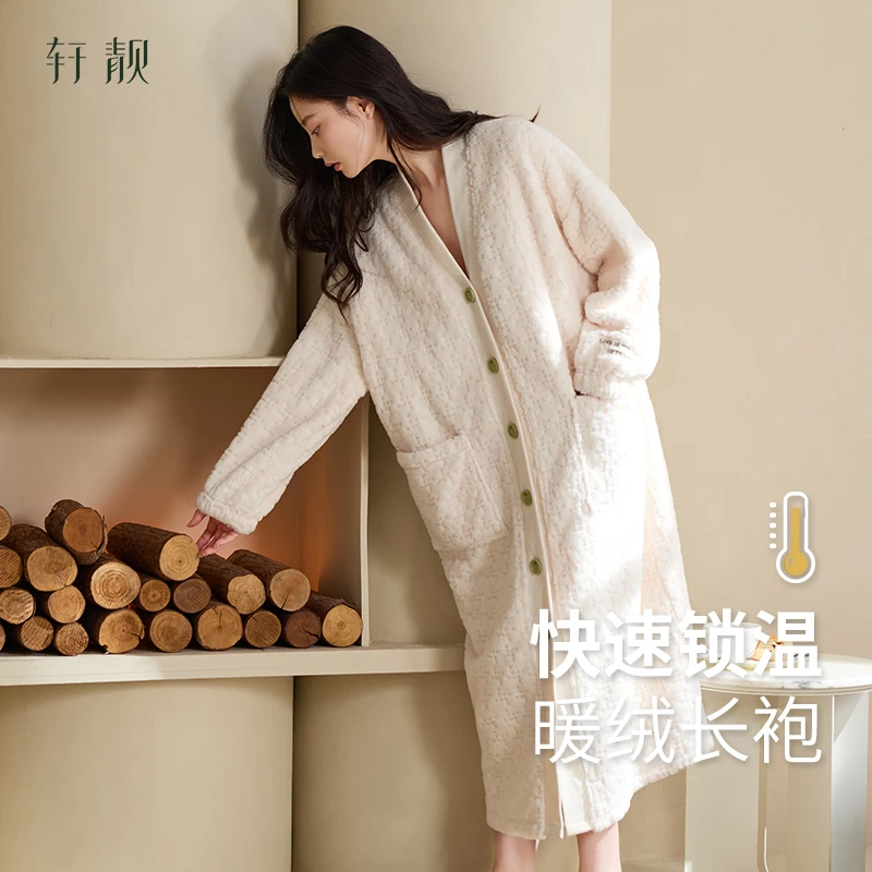 【抗静电法兰绒】提花睡袍女秋冬季珊瑚绒加厚保暖长款浴袍家居服