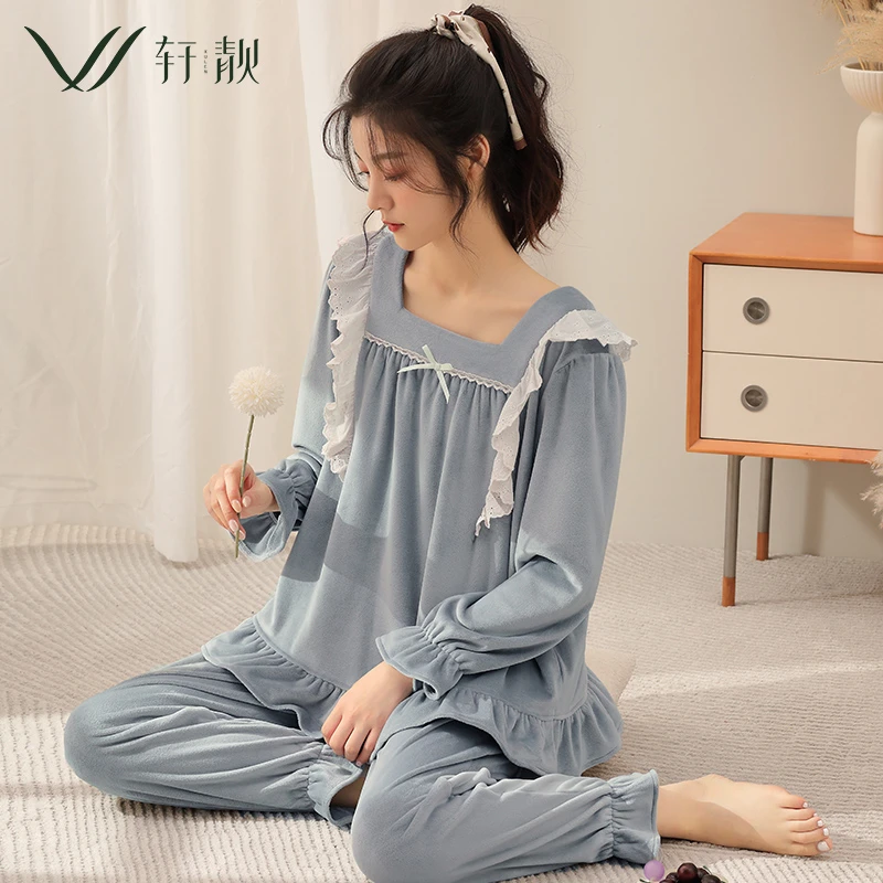 【海岛绒】睡衣女春秋季春款加绒加厚保暖珊瑚绒法兰绒家居服套装