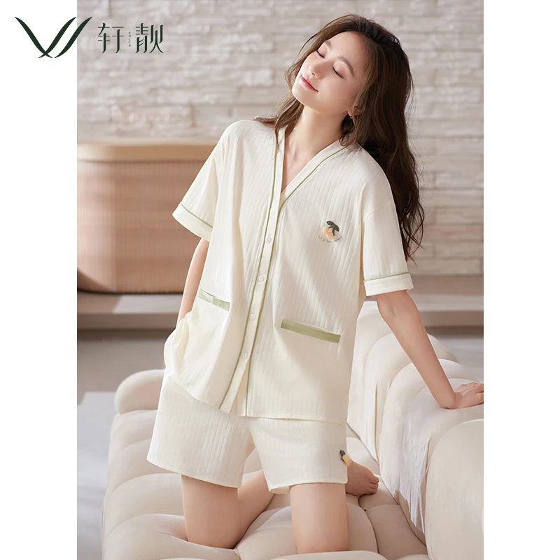 【纯棉】睡衣女夏季夏款短袖短裤夏天薄款大码白色家居服两件套装