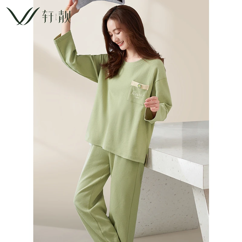 【纯棉华夫格】新款睡衣女春秋季长袖秋天可外穿家居服女大码套装