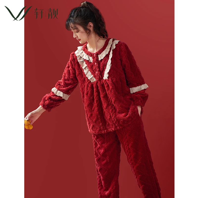 【法兰绒】本命年红色睡衣女秋冬季加厚保暖珊瑚绒新娘家居服套装