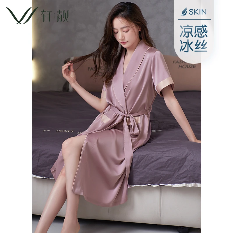 【冰丝】睡袍女夏季薄款短袖夏天一体式仿真丝浴袍大码丝绸家居服