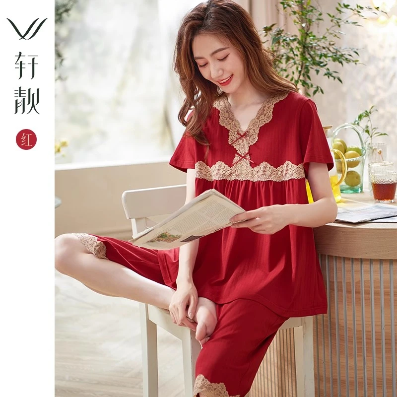 【纯棉】红色睡衣女士春夏季短袖七分裤家居服大码外穿薄款套装