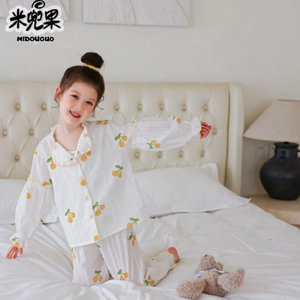 MIDOUGUO/米兜果儿童睡衣女童清新开衫春夏棉感清新家居服套装