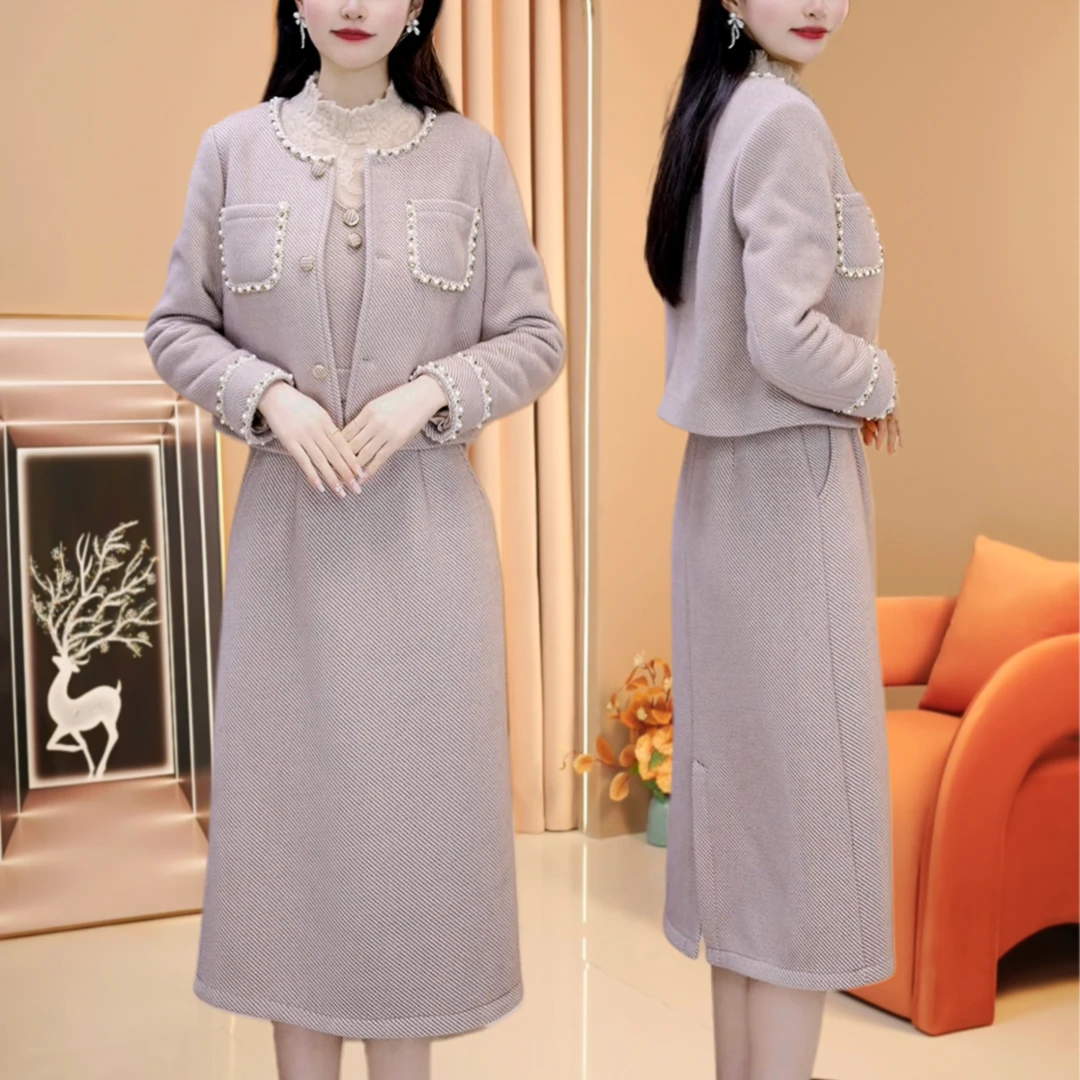 【连衣裙+外套】A656图片色套装优雅气质时尚减龄显瘦秋冬设计感