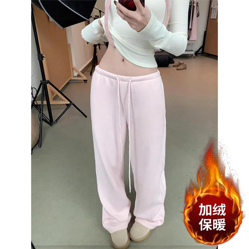 INS CEC粉色松紧腰加绒休闲运动卫裤女秋冬宽松慵懒风阔腿长裤子