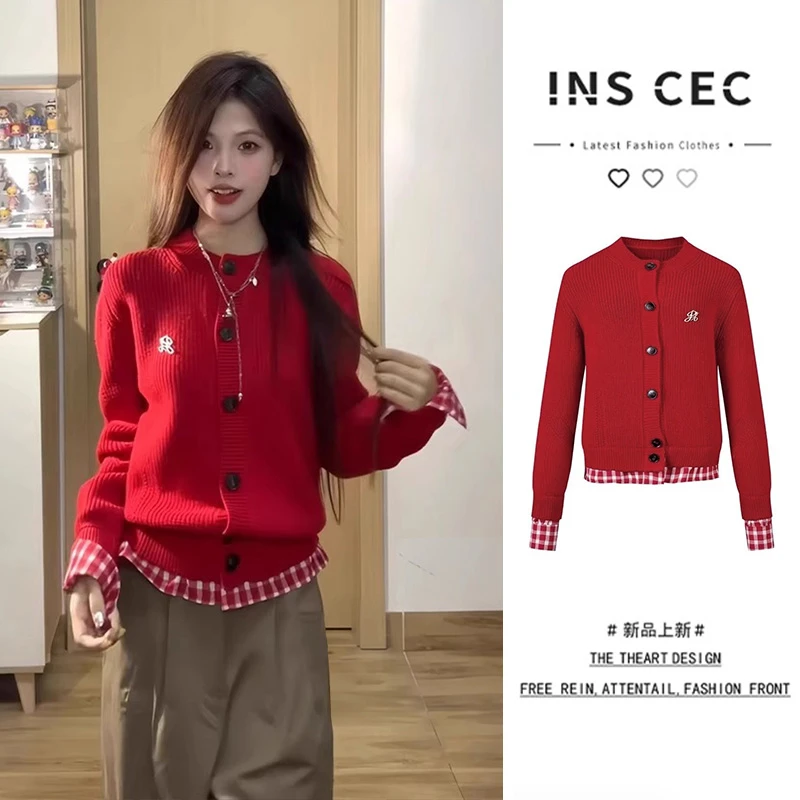 INS CEC时尚格子拼接针织开衫女秋冬季甜辣百搭设计感毛衣上衣