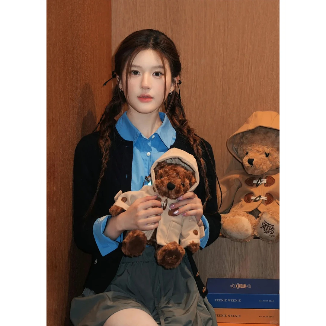 INS CEC赵露思同款蓝色设计感衬衫藏青针织开衫叠穿学院风三件套